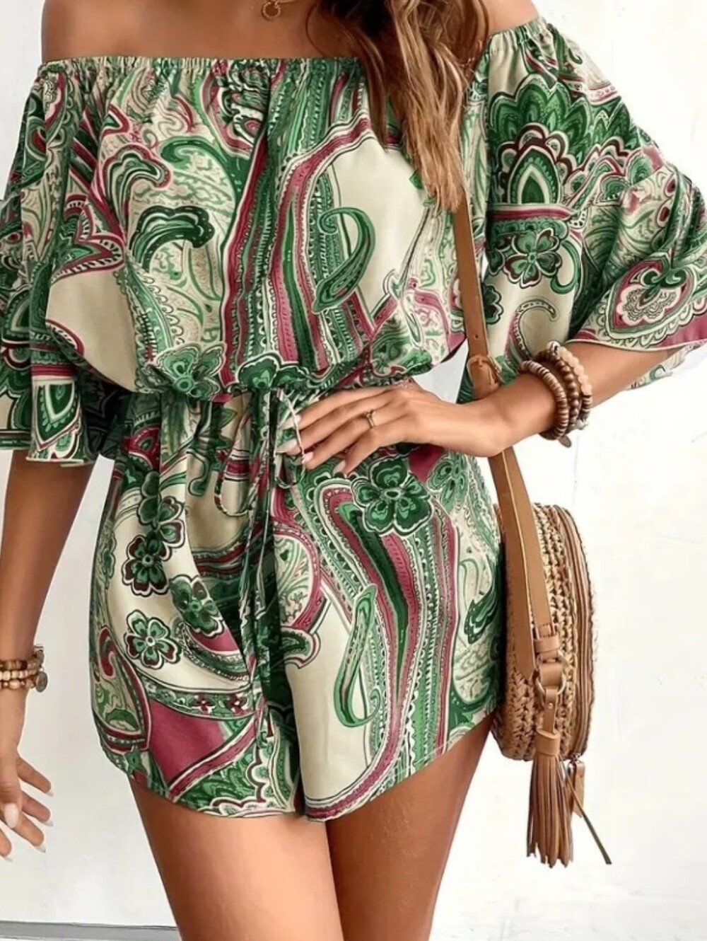 Off-Shoulder Paisley Romper in Green & Pink